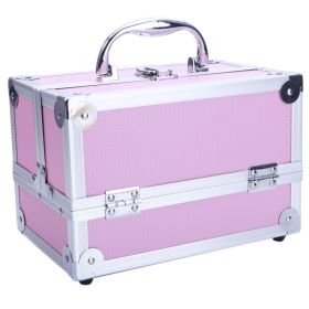 Portable Pink Aluminum Makeup Train Case with Top Handle Dual Opening and Built In Mirror Lockable Cosmetic Organizer Box for Travel Professional
