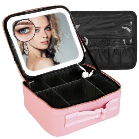 Travel Makeup Bag with LED Mirror Makeup Case Organizer with 3 Light Colors Adjustable Dividers Brush Holder Magnifying Mirror Dimmable USB Recha (Color: Pink, size: S)