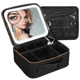 Travel Makeup Bag with LED Mirror Makeup Case Organizer with 3 Light Colors Adjustable Dividers Brush Holder Magnifying Mirror Dimmable USB Recha (Color: Black, size: S)
